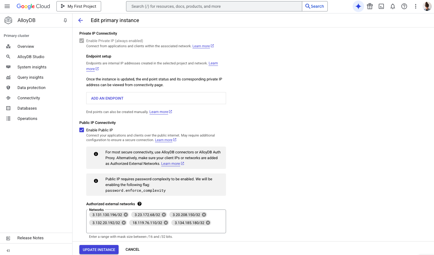Configure networking for public access with an IP allowlist