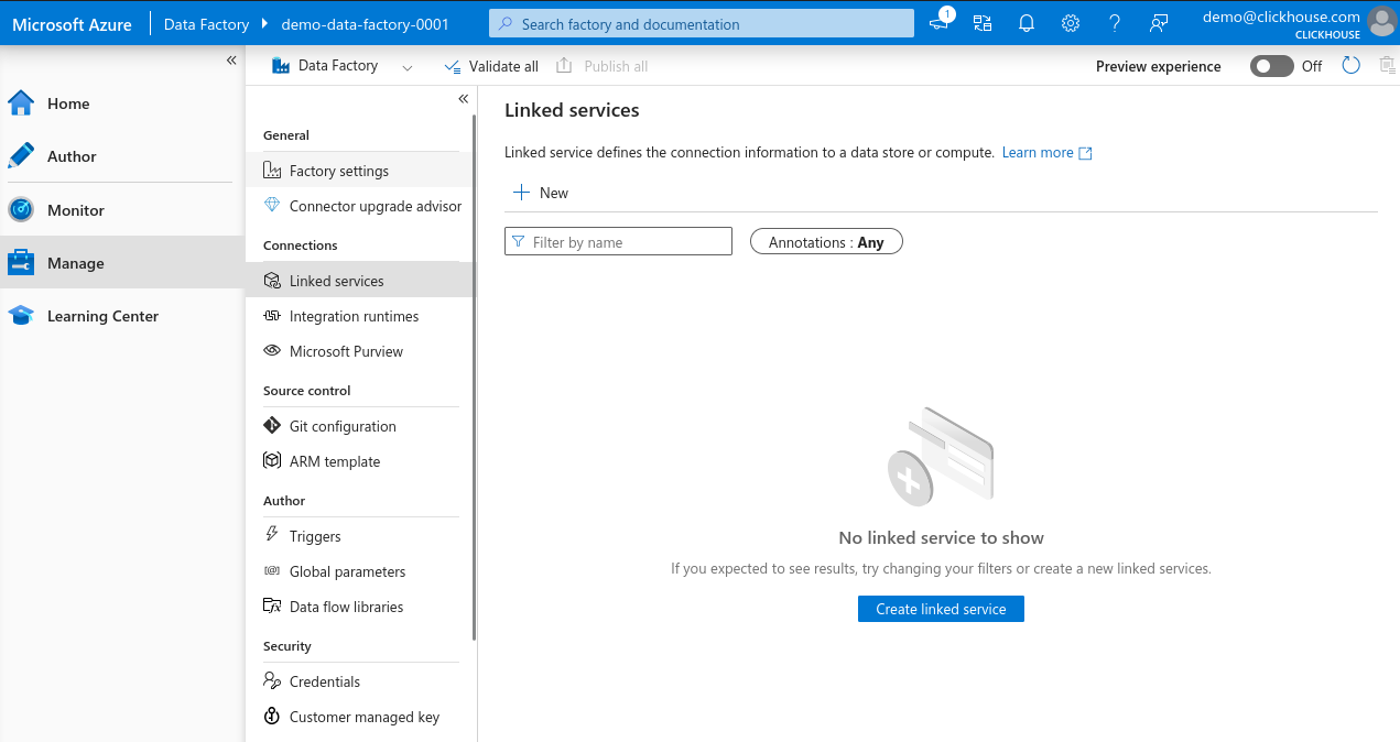 Azure Data Factory New Linked Service Button