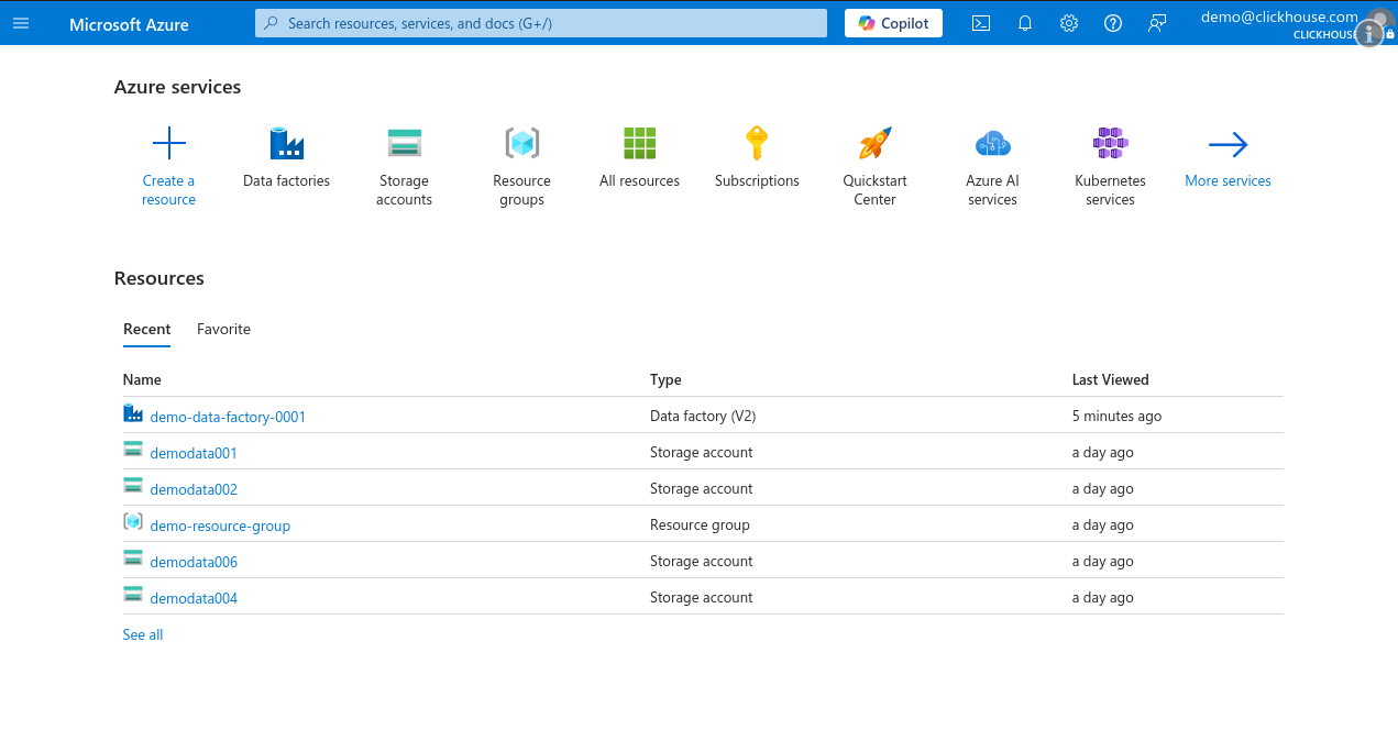 Azure Portal Home Page with Data Factory