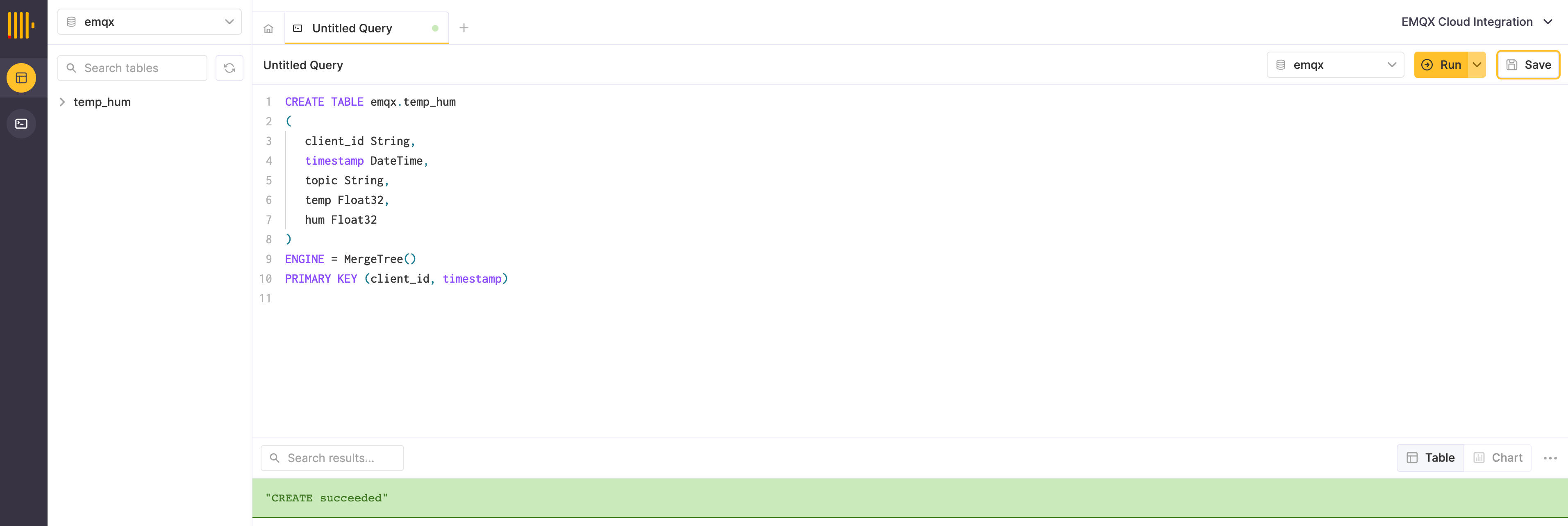 ClickHouse Cloud Create Database and Table SQL query execution