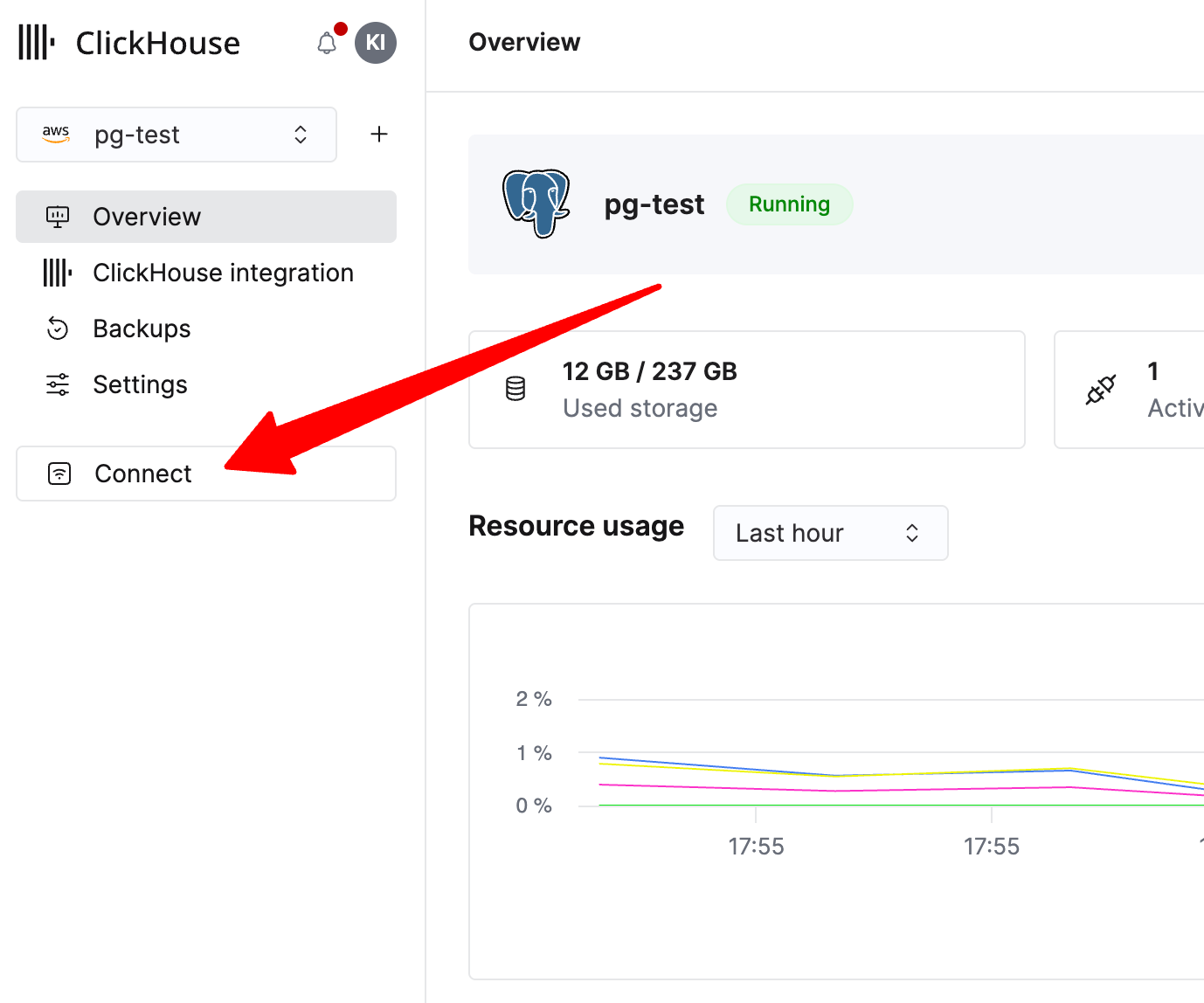 Click Connect in the left sidebar to view connection details