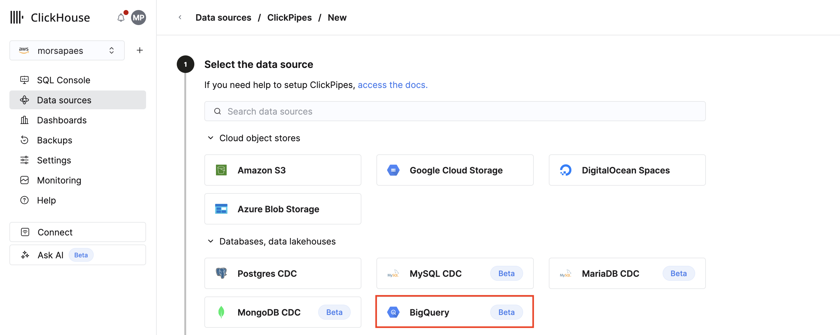 Select BigQuery tile