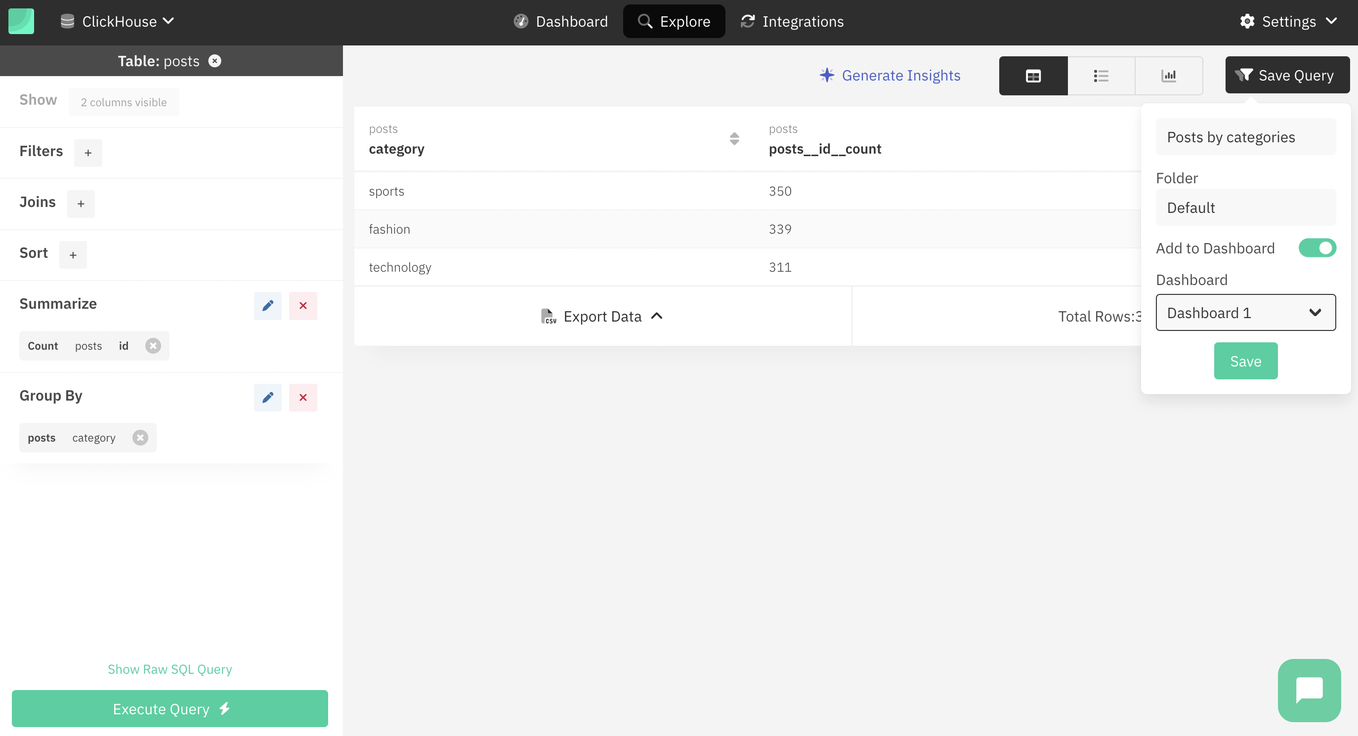 Draxlr save query dialog with dashboard options
