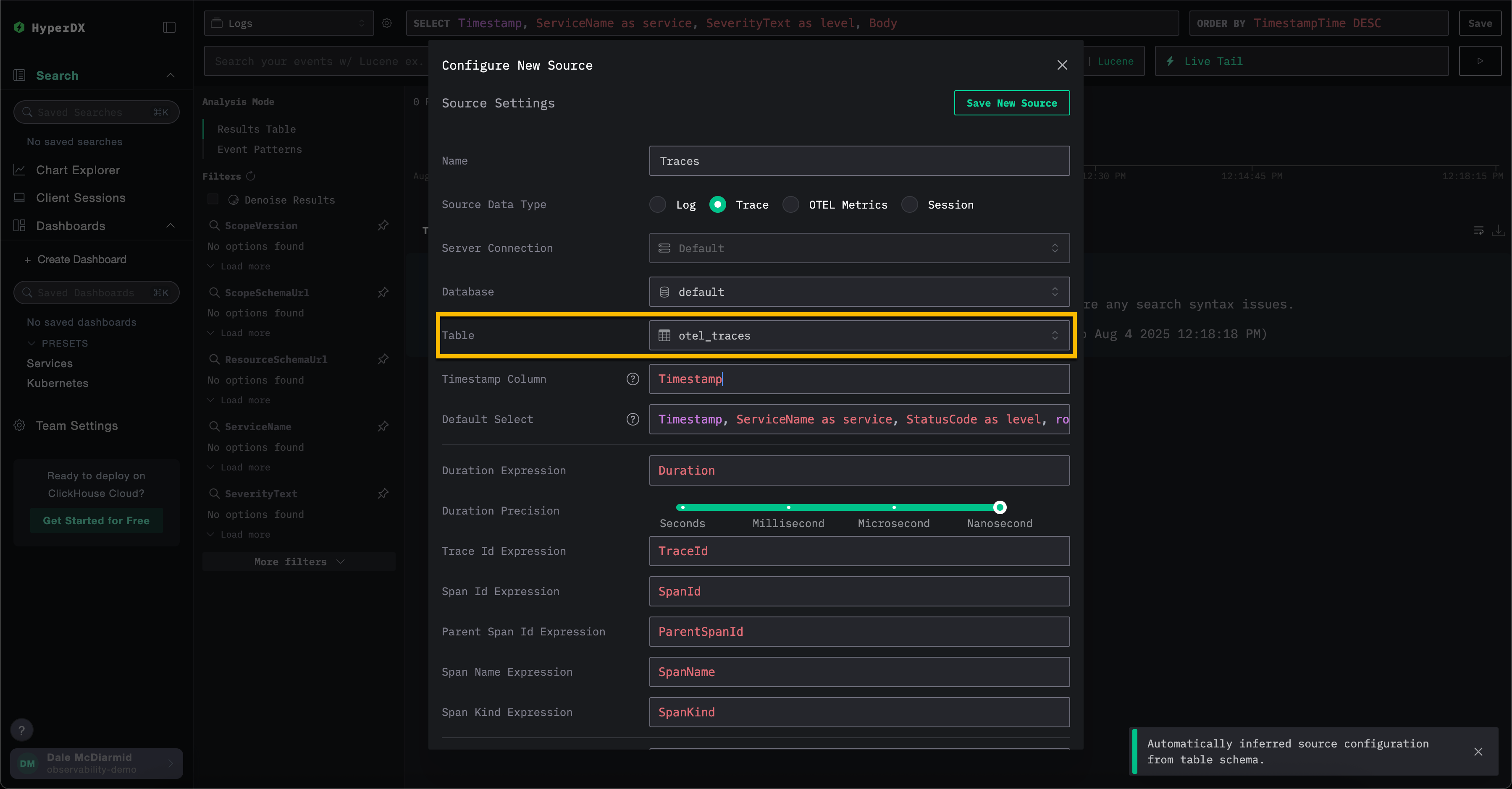 ClickStack create trace source
