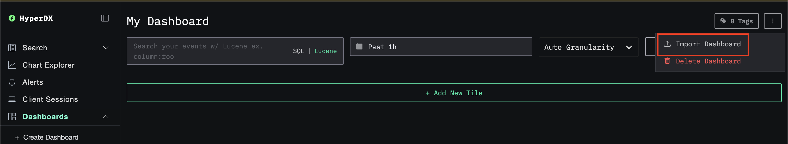 Import dashboard button