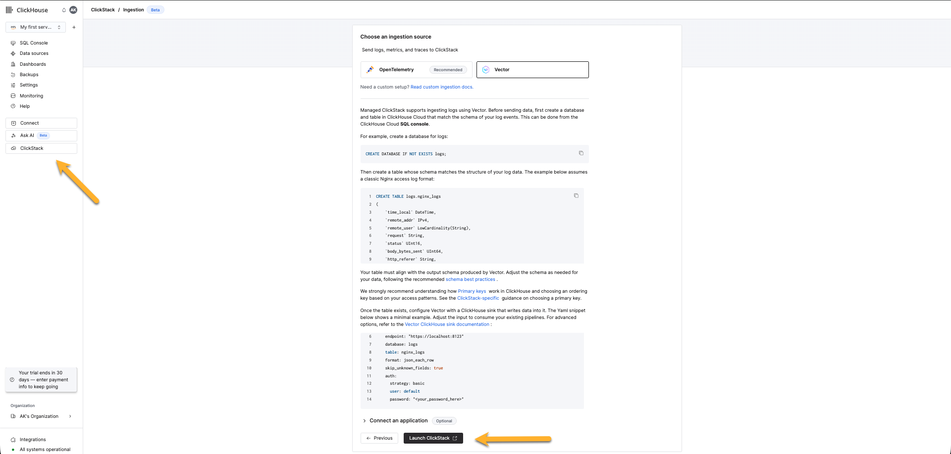 Launch ClickStack for vector