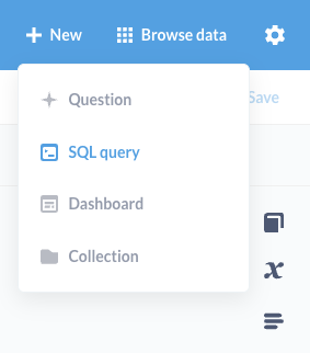 Metabase New menu showing options to create questions, SQL queries, and dashboards