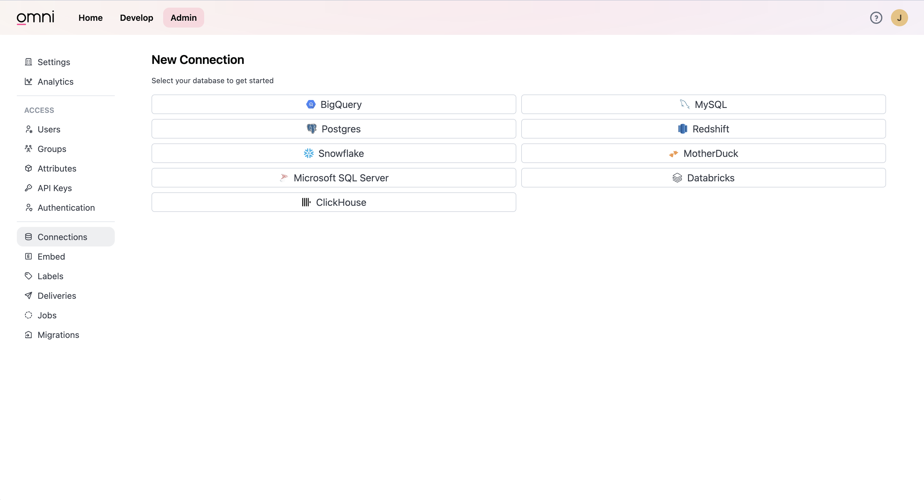 Omni admin interface showing the Add Connection button in the Connections section
