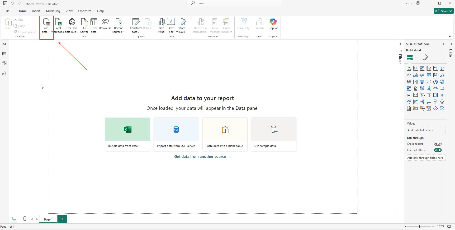 Power BI Desktop home screen showing the Get Data button