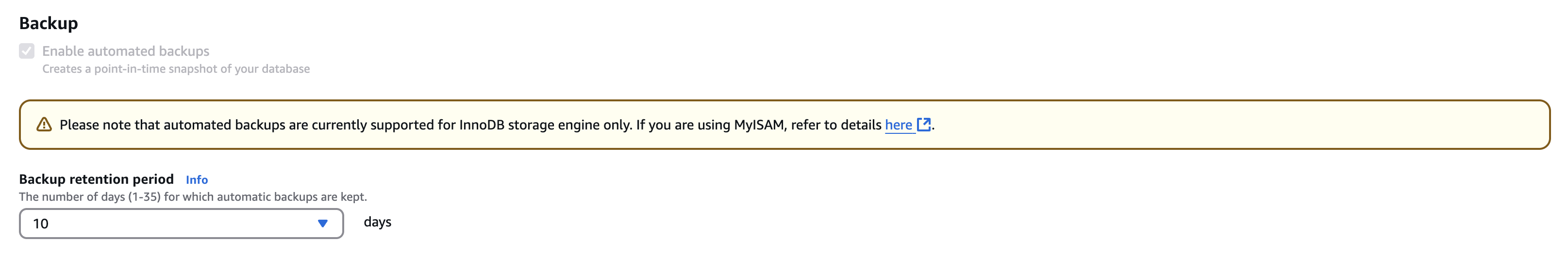 Enabling automated backups in Aurora