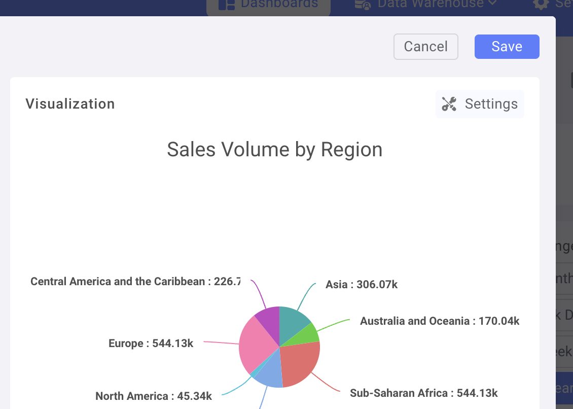 Chart settings panel showing customization options for the pie chart