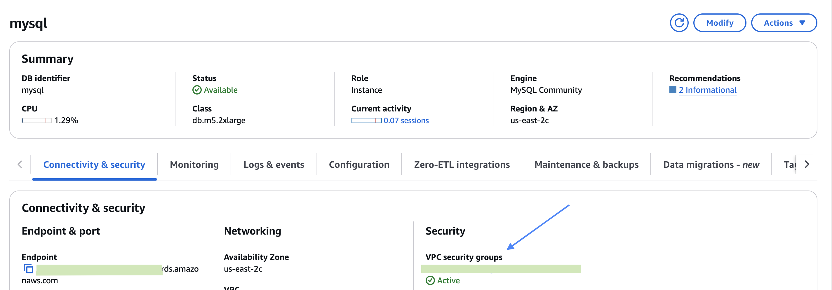Where to find security group in Aurora MySQL?