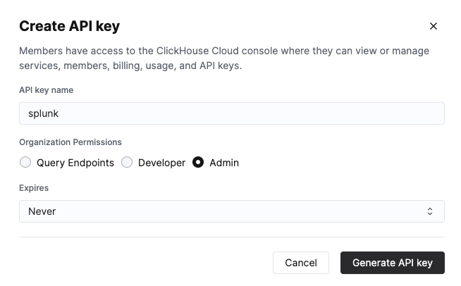 ClickHouse Cloud console showing the API Key creation interface with Admin privileges selected