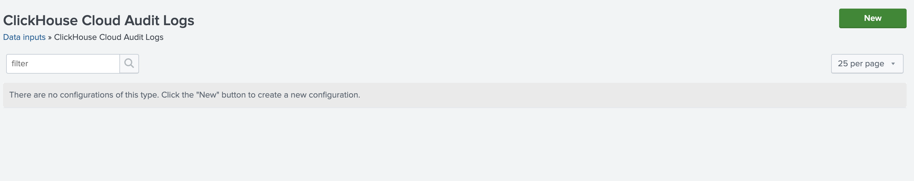 Splunk Data inputs page showing the ClickHouse Cloud Audit Logs option
