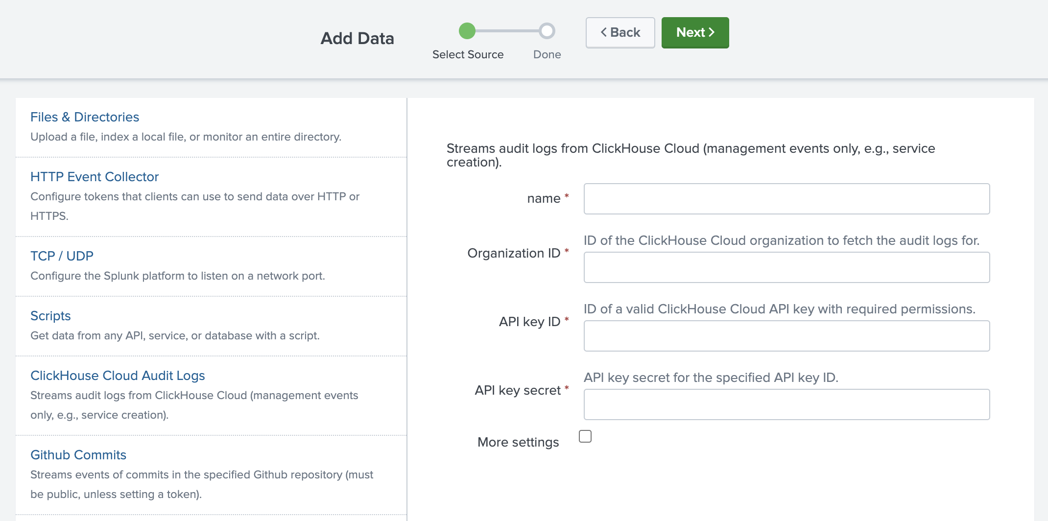 Splunk interface for configuring a new ClickHouse Cloud Audit Logs data input