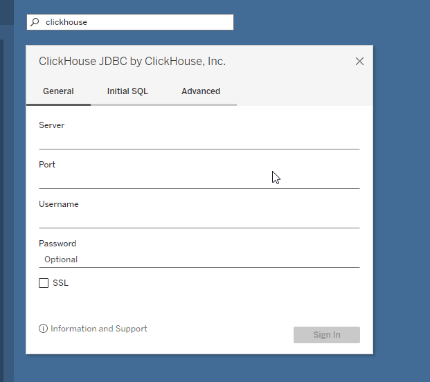 ClickHouse connection dialog in Tableau showing fields for server, port, database, username and password