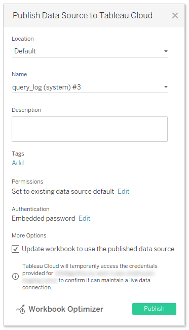 Tableau Desktop publish dialog with 'Update workbook to use the published data source' option checked