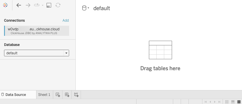 New Tableau workbook showing the initial connection screen with database selection options